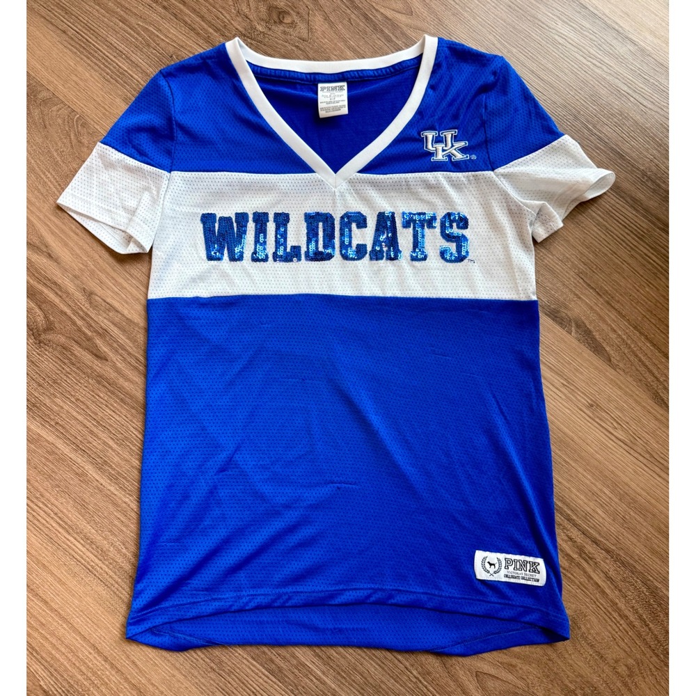 Victoria's Secret PINK Kentucky Wildcats Sequin Mesh Jersey Tee Blue White S